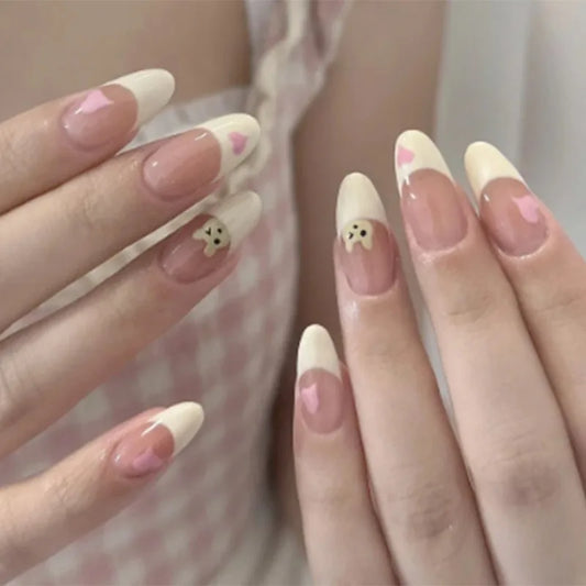 24pcs Cheap Love Wear Nail Almond Medium Press on Nails Cute Removable Beige Long False Nails Summer Korean Removable Nail Art