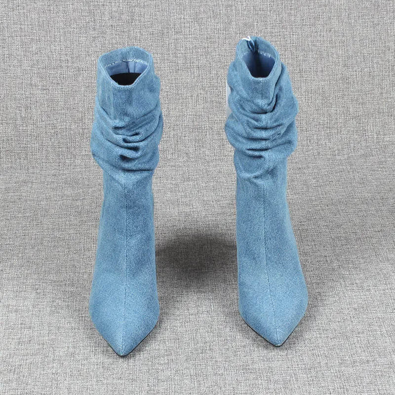 New Summer Pointed Toe High Heel Short Boots Women's Thin Heel Denim Boot Pleated New Mid-Calf Boot Tube Men's