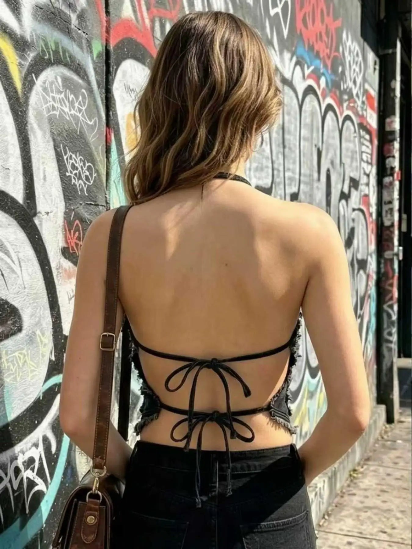 American Retro Sweet Cool Style Gradient Denim Star Halter Top, Sexy Girl Atmosphere Full, Slim-Fitting