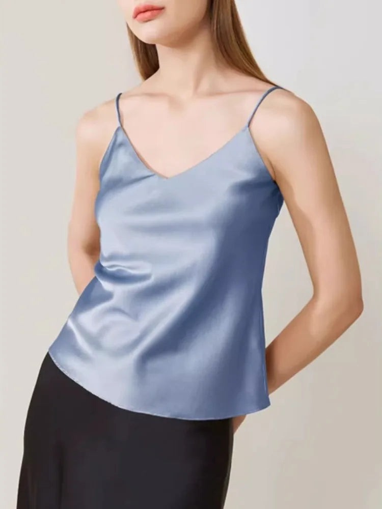 Sexy V-neck Satin Camisole Top Chic High Quality Outer Wear Inner Bottom Top With Suit Summer New Ladies Sleeveless Tank Tops