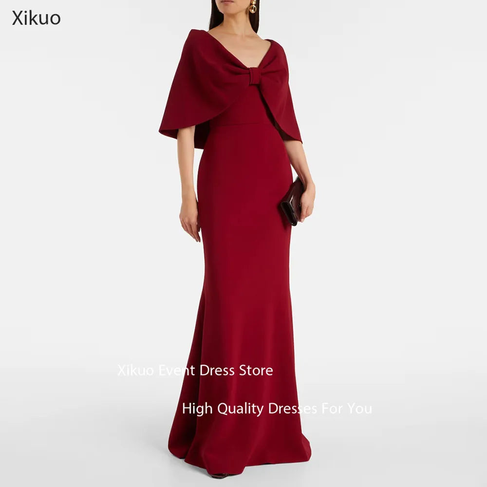 Xikuo Burgundy V Neck Evening Dresses Half Sleeves Bow Mermaid Prom Gowns Floor Length Pleated Sukienka Wieczorowa Customized