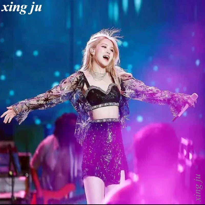 Kpop Korean Singer Women Y2k Stage Dance Shiny Sling Tops Jazz Dancewear Performance Costume Sequins Skirt Sexy Festival Outfits