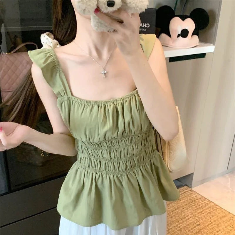 Gaono Women Sleeveless Low Cut Peplum Tank Tops Fairy Cute Ruched Camisole Summer Coquette Tie Up Strap Crop Tops Y2k Clothes