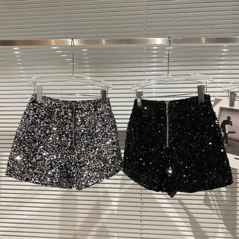 2025  Noir Velours Shorts Femmes Paillettes Brillant Polyvalent Pantalons Courts Clubwear Shorts Pantalons Chauds Haute Rue