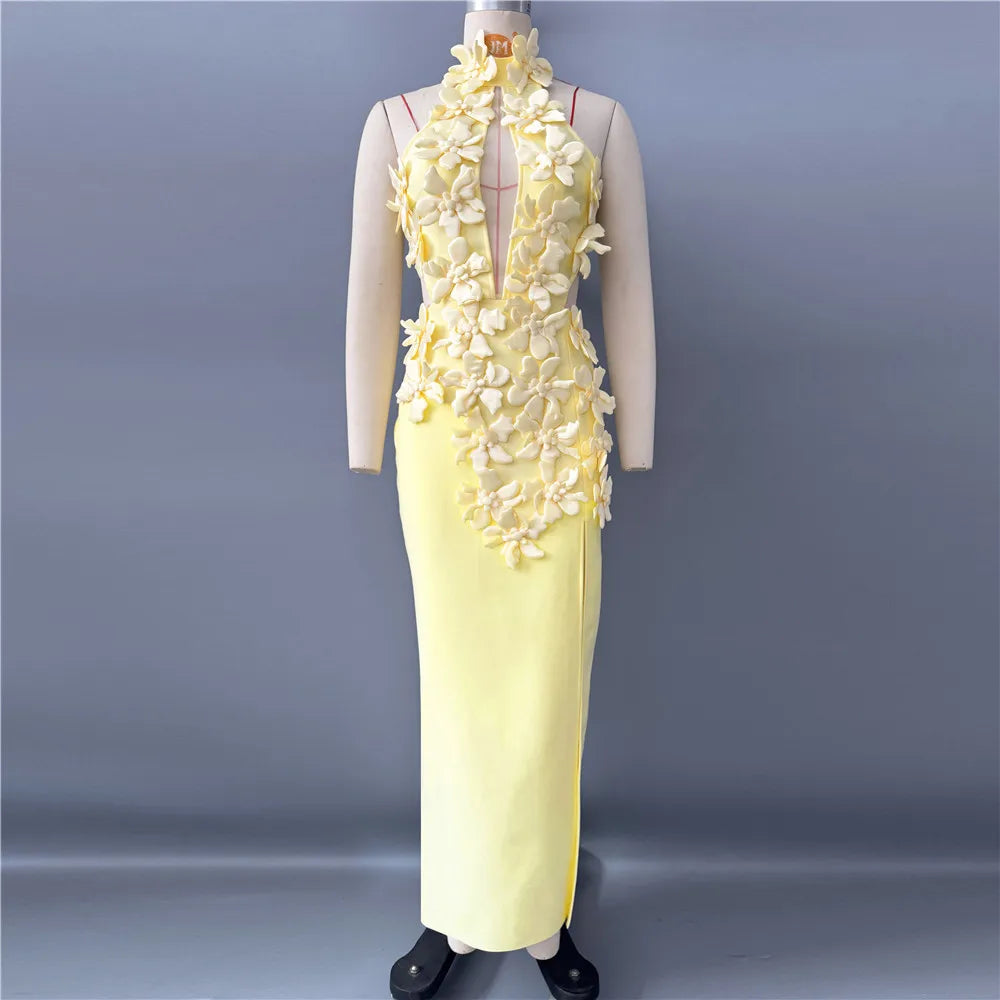 Halter Patchwork Appliqués Bandage Sheath Ankle-Length Club Party Dress | Inspired by Beren Saat