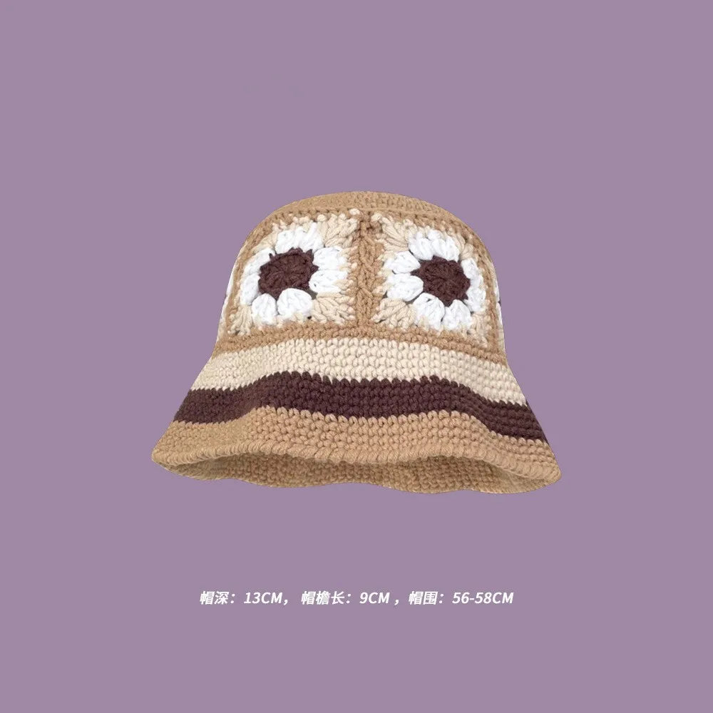 2023 Autumn New Crochet Korean Handmade Bucket Hat Women Weaving Knitted Hat  Fashion Flowers Autumn Winter Beanies Basin Cap