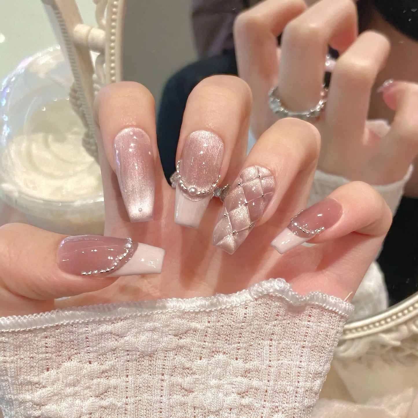 Handmade Sweet Diamond Grid Decor Press on Nails French Shiny Pink Cat Eye Fake Nails Wearable Reusable Korean Bride False Nails