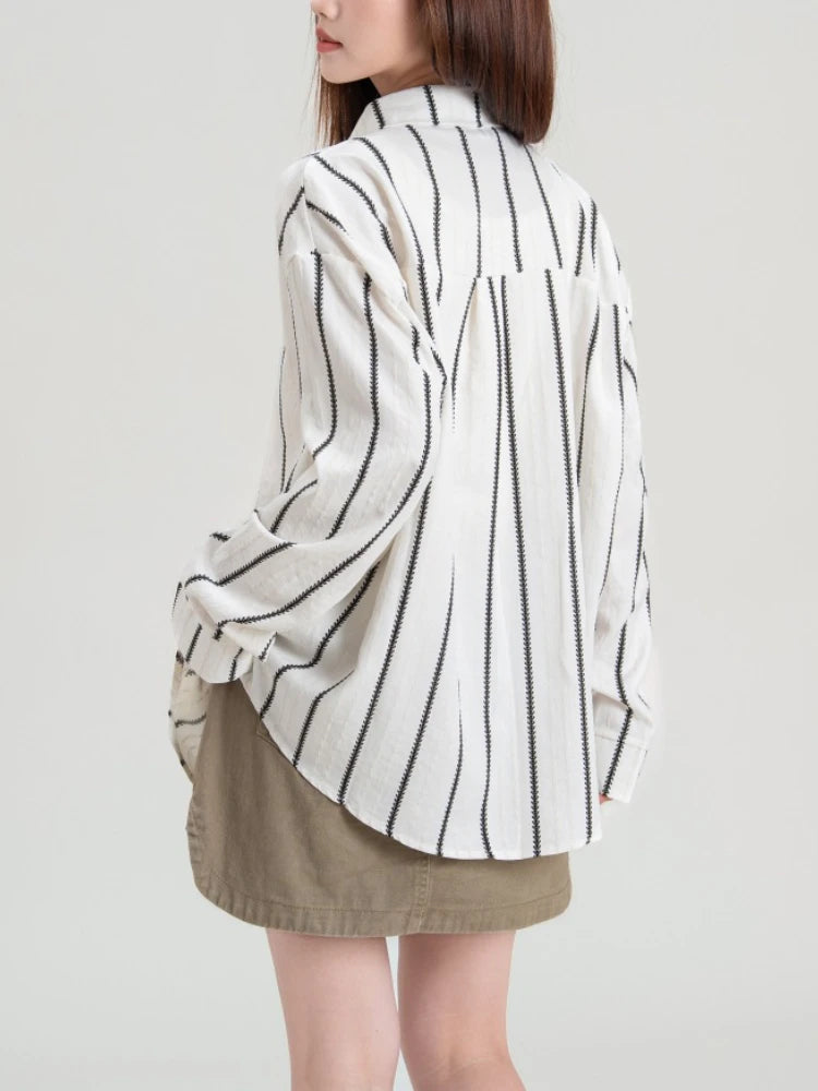 Korean Loose Striped Shirt Women Autumn Casual Blouse Oversized Long Sleeve Turn Down Collar Top French Chic Office Lady Clothes