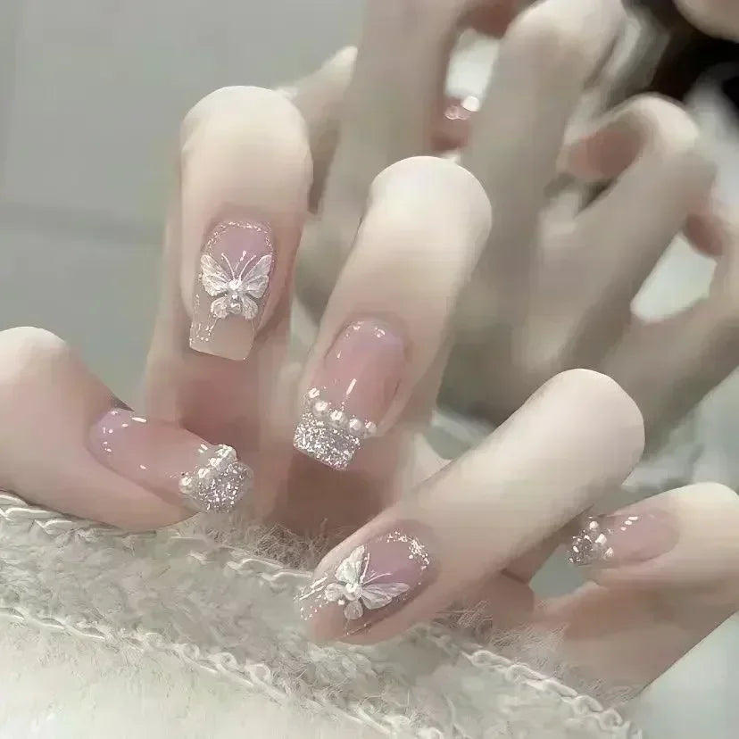 24pcs Cute Girly Short Square False Nails Sweet White French Nail Glitter Star Rhinestones Nail Art Cat Eye Bow Press On Nails