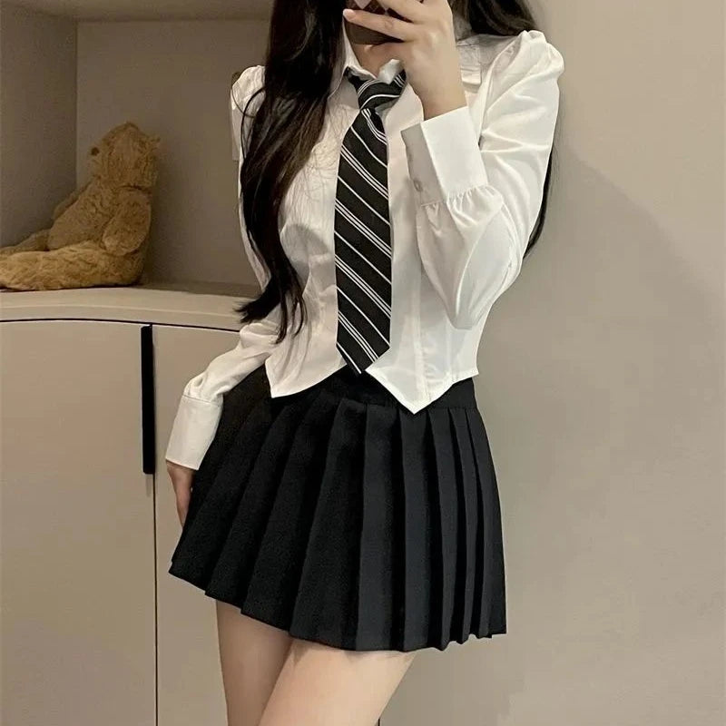 2026 JK Uniform Women Suits Hot Girls New Solid Slim Long-sleeved Blouse + White Skirt Woman