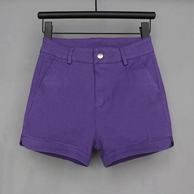 Red Casual Shorts Women Dopamine Summer New Korean version High waist Slimming Stretch Denim A-line wide leg hot Pants Female