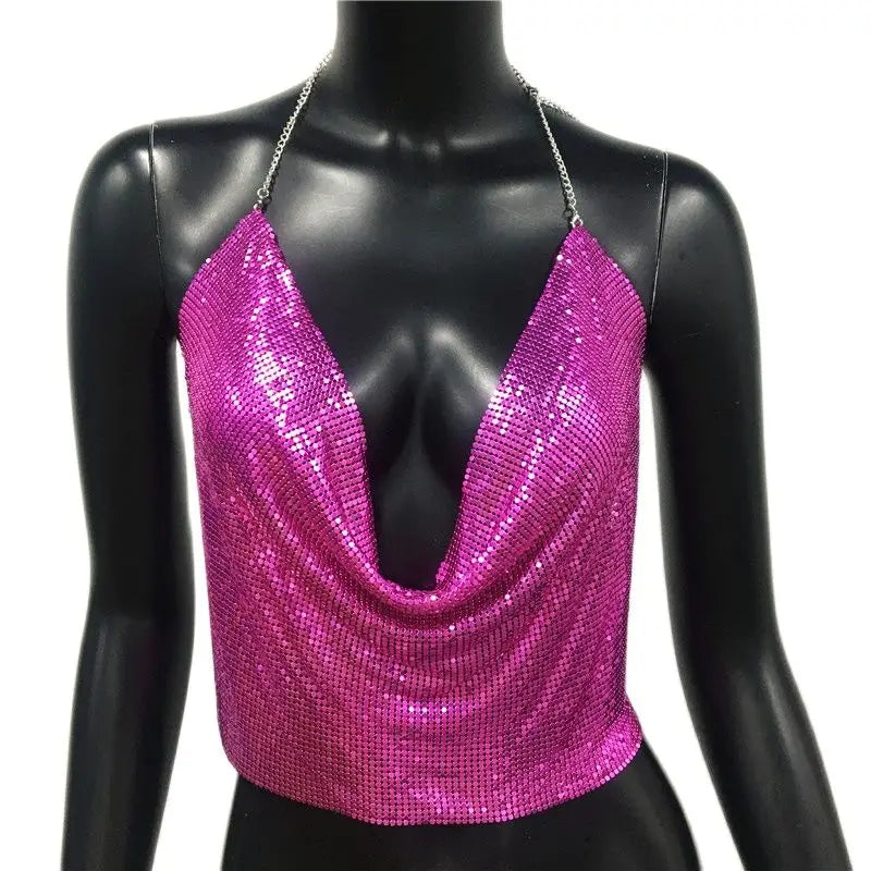 AKYZO Women 2025 Sexy Metal Sequined Tank Camis Summer Gold Silver Backless Cropped Glitter Beach Club Show Wear Tank Tops
