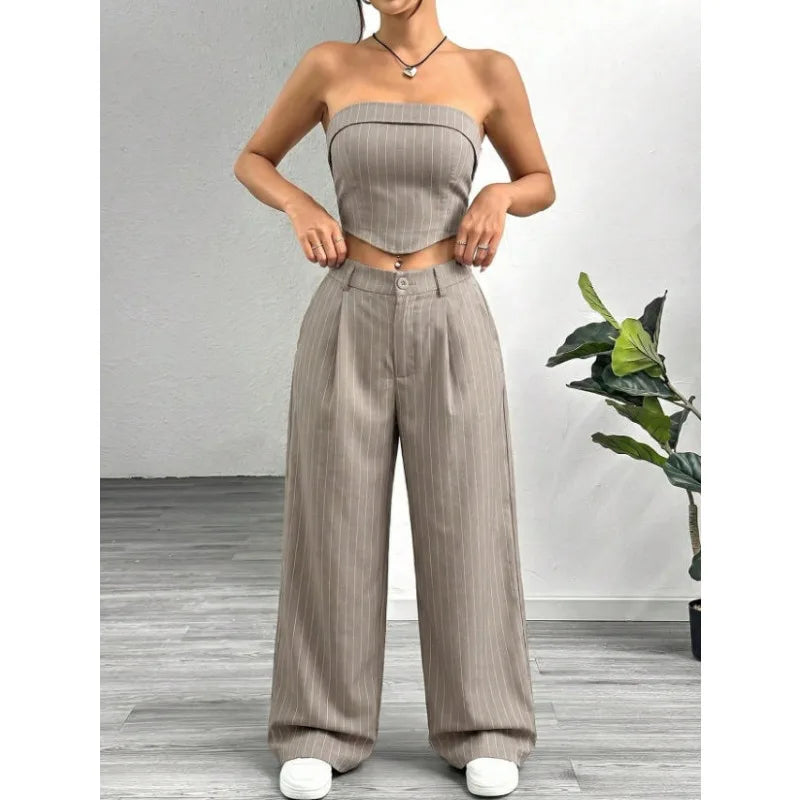 Women's Striped 2 Piece Outfit Tube Top and High Waist Wide Leg Pants Set