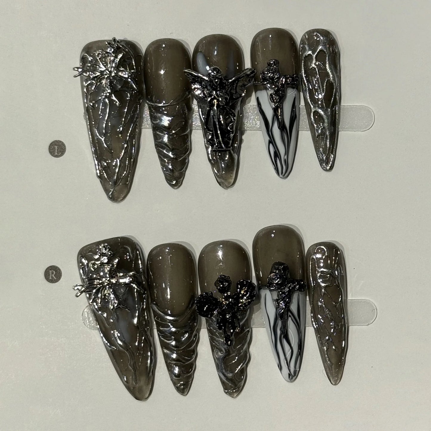 Long Stiletto Press on Fake Nails Blue Heart Diamond Bow Decoration False Nail Y2K Fashion Artificial Nail Handmade Acrylic Nail