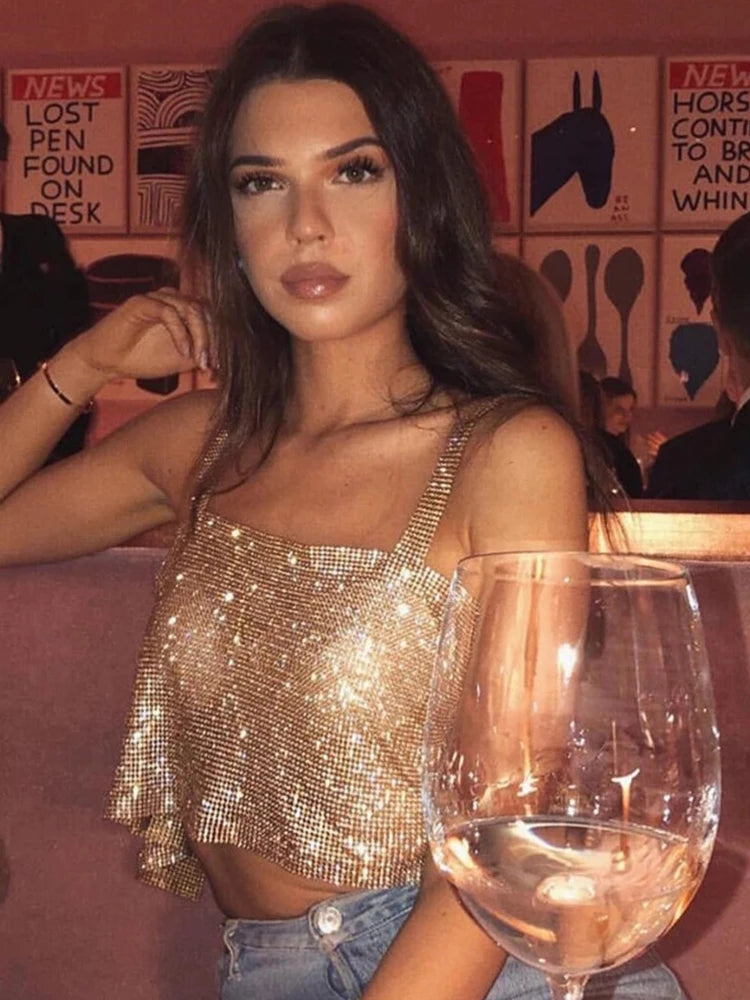 Bling Rhinestones Party Crop Top 2023 Fashion Solid Backless Straps Full Diamonds Sequins Cami Cropped Top for Women