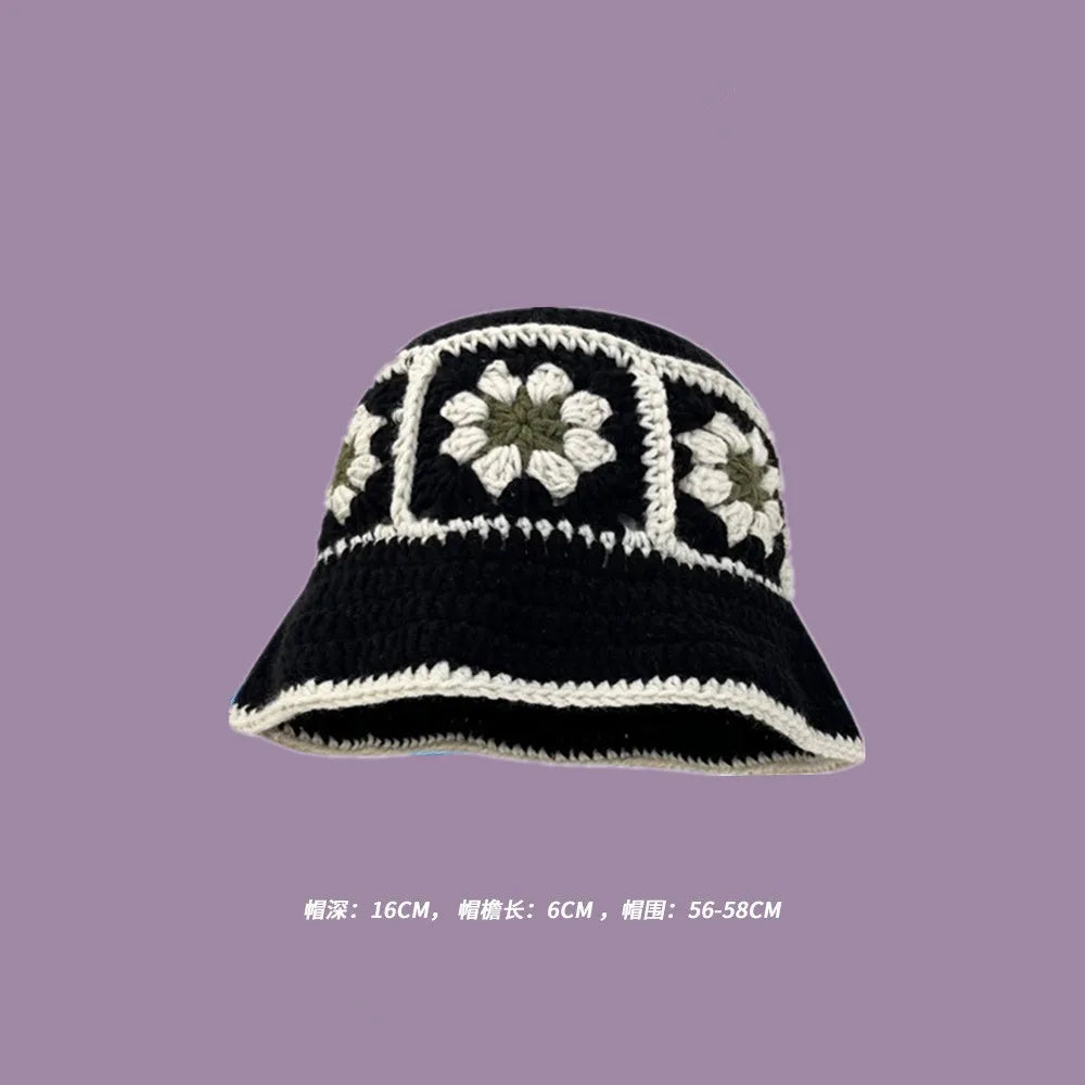 2023 Autumn New Crochet Korean Handmade Bucket Hat Women Weaving Knitted Hat  Fashion Flowers Autumn Winter Beanies Basin Cap