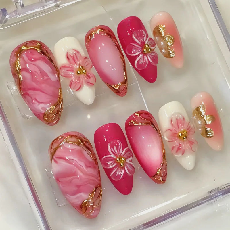 Almond 3D Flower Gradient Pearl Press-On Nails