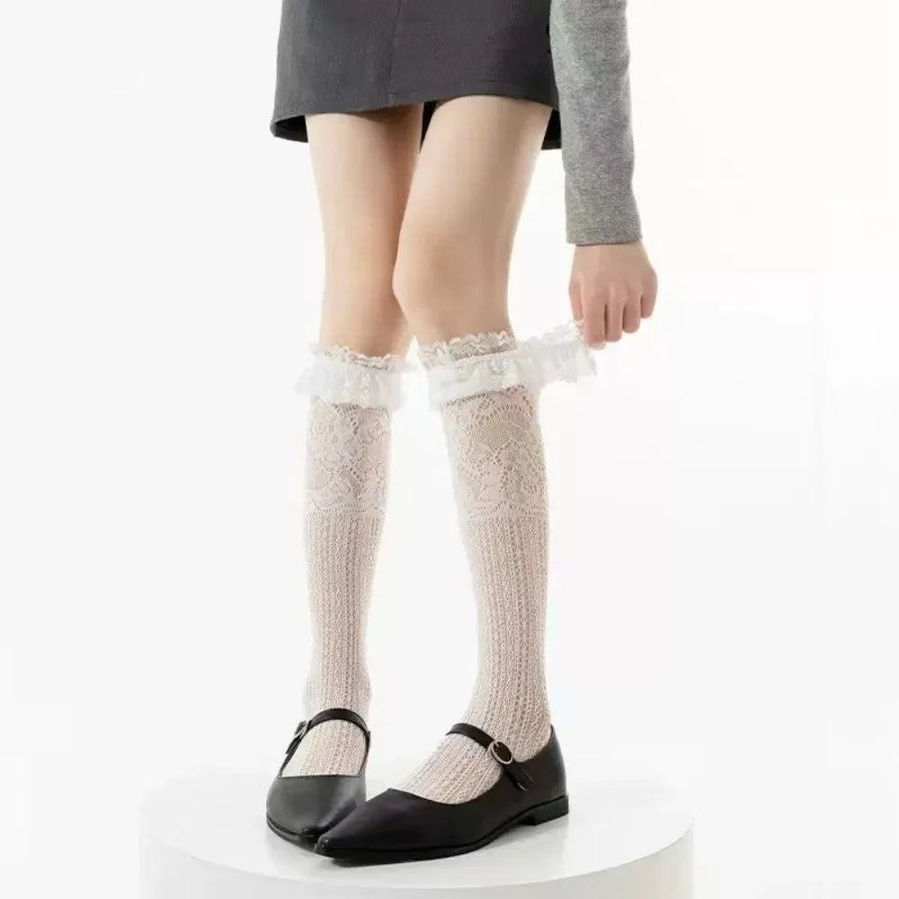 Sexy Solid Color Women's Stockings Lace Hollow out Pile Calf Socks Thin Korean Knee Highs Socks Girl Stockings