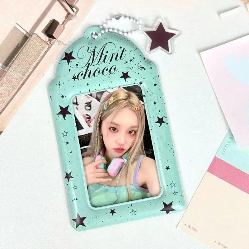 Y2K Itabag Mint Chocolate Kpop Photocard Holder 3 Inch Cute PVC Card Sleeve with Star Keychain for Idol Photo Display Bag Charm