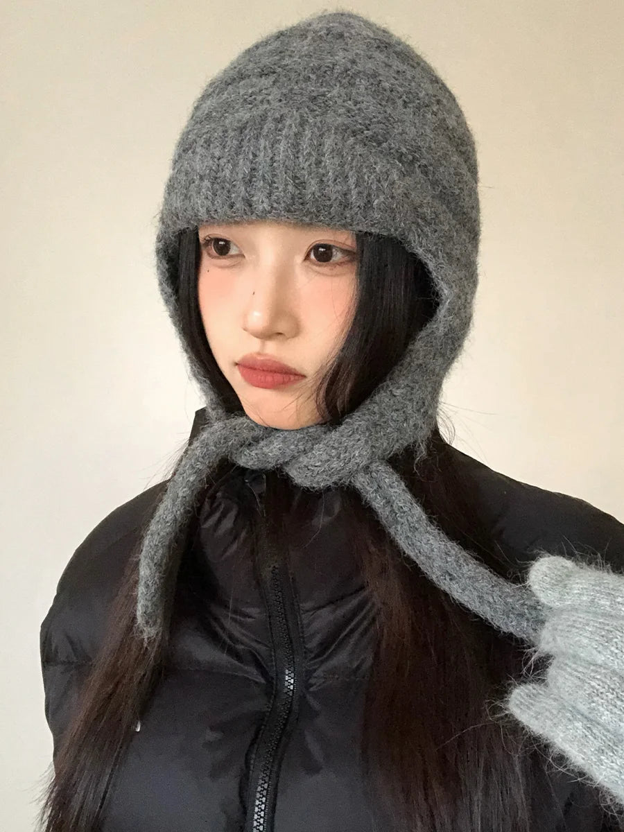 Grey Thickened Knitted Hat With Ear Protection For Women New Autumn And Winter Style Warm And Slimming Versatile Beanie