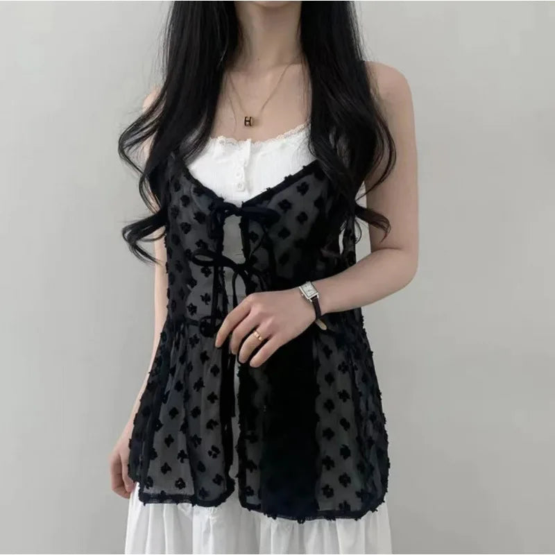 Korean Chic Mesh See Through Layering Camisole Solid V Neck Lace Up Spaghetti Strap Vest Summer Fashion Design Transparent Top