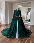Hunter Green Velvet Embroidered Caftan A-Line Long Sleeve Sweep Train Evening Gown | Inspired by Meryem Uzerli