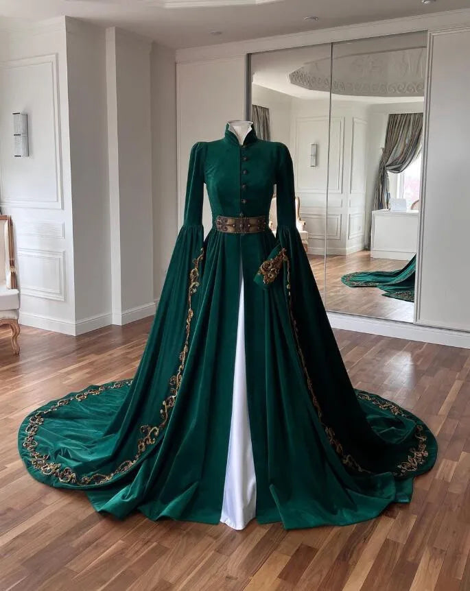 Hunter Green Velvet Muslim Arabic Caftan Prom Dresses Long Sleeve Embroidery Customsized Evening Gown Adyghe Festive Kaftan