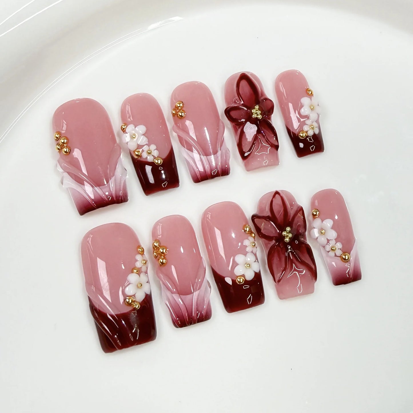 10pcs Dreamy Ocean Press on Nails 3D Flower Pearl Starfish Nail Art Gradient French False Nails Sweet Cool Square Fake Nails Tip