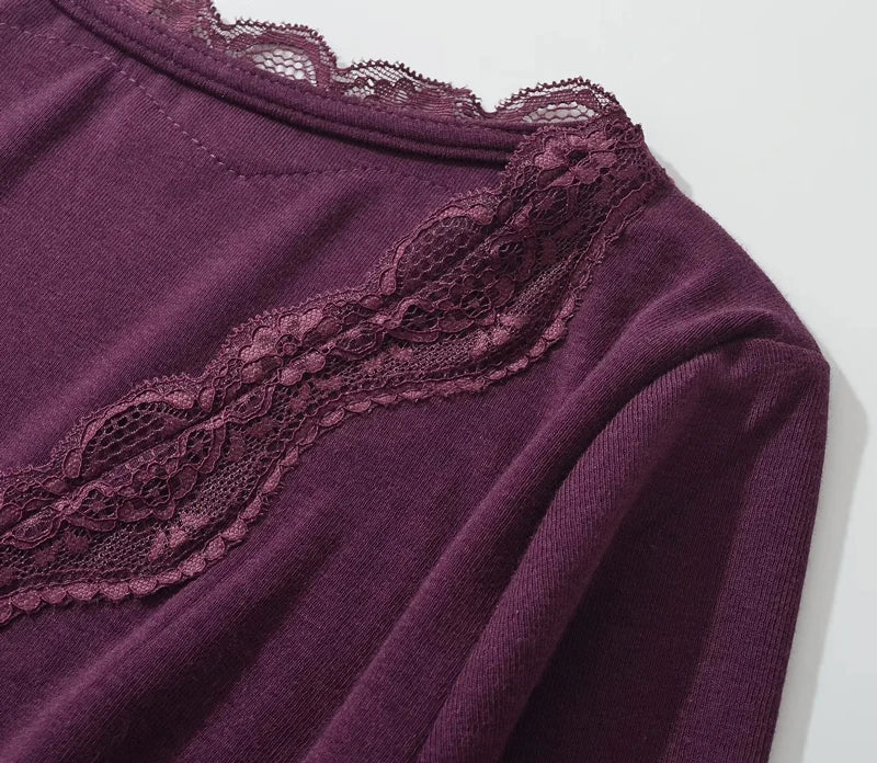 Women's Lace Trim Plunge V Neck Long Sleeved Slim Fit Top