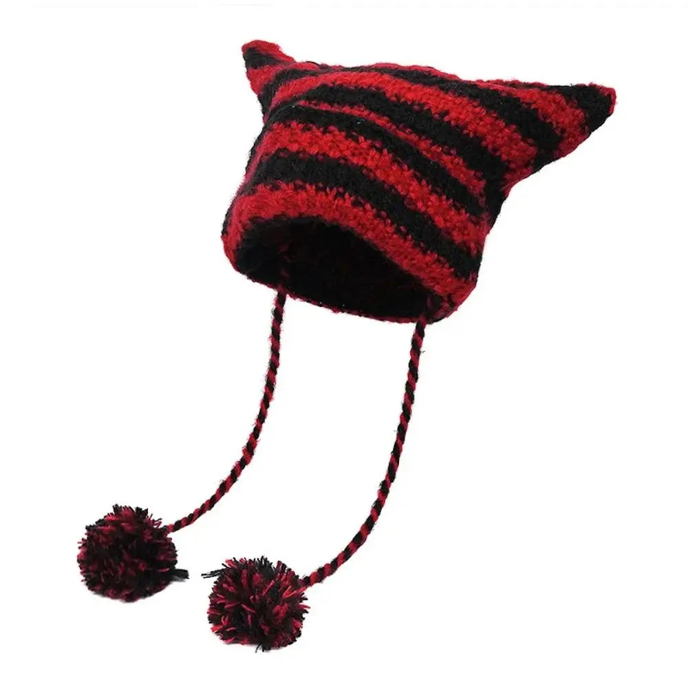 Fshion Y2K Knitting Striped Beanie Hat Cute Wool Hanging Ball Knitted Beanie Hat Cat Ears Pointed Pullover Hats Autumn Winter