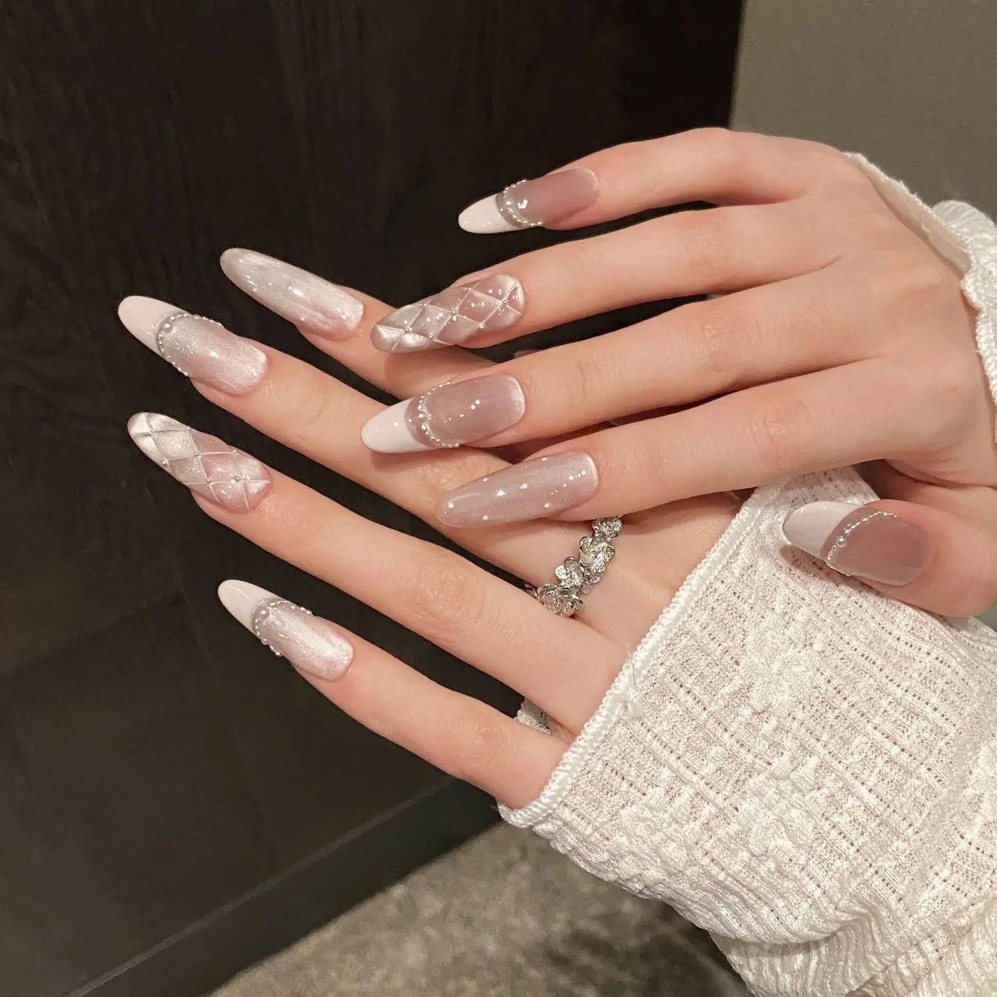 Handmade Sweet Diamond Grid Decor Press on Nails French Shiny Pink Cat Eye Fake Nails Wearable Reusable Korean Bride False Nails
