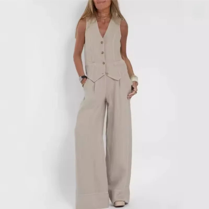 Womens Cotton Linen 2 Piece Sets  Sleeveless Suit Button V-Neck Vest and Wide Leg Pants Casual Blazer Matching Outfit