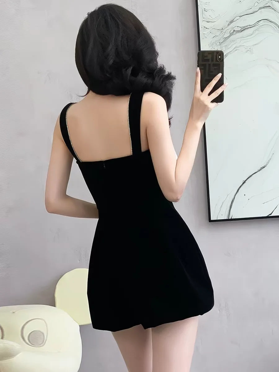 2026 Summer Jumpsuit for Women Black Bow Tie High Waist Wide Leg Short Romper Elegant Sleeveless Casual Sets