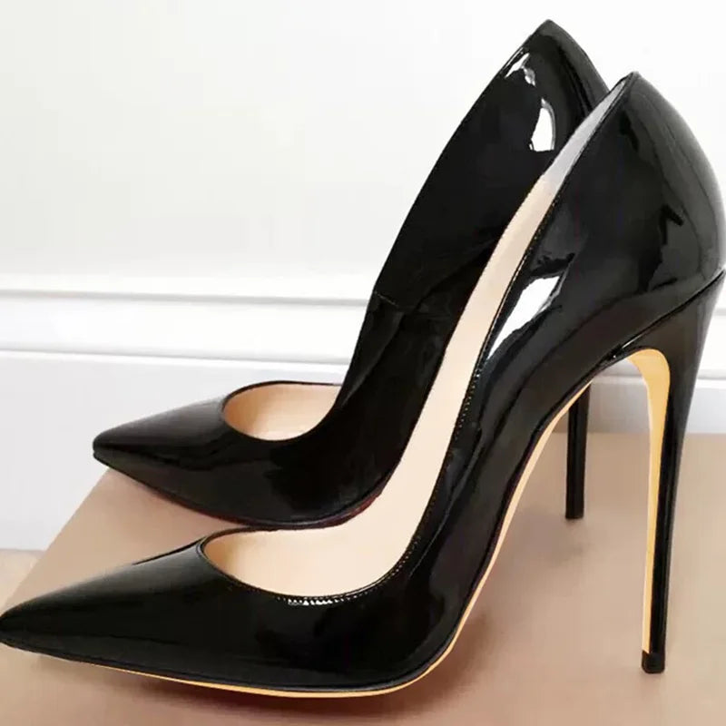 Tikicup Classic Black Patent Pointed-Toe Stiletto High Heels red sole for Women Elegant Evening Party & Formal Occasion Footwear Big Size