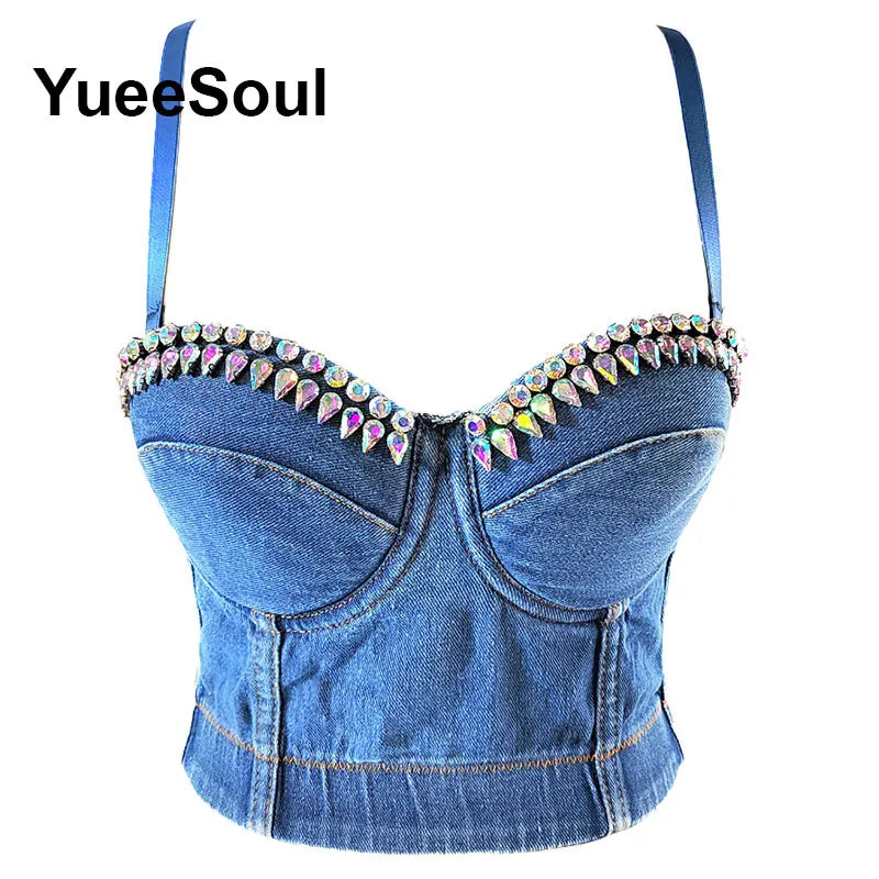 Denim Crop Tops Pearl Tassel Diamond Flower Blue Sleeveless Sexy Corset 2000s 2026 Summer New Y2K Party Evening Woman Clothes