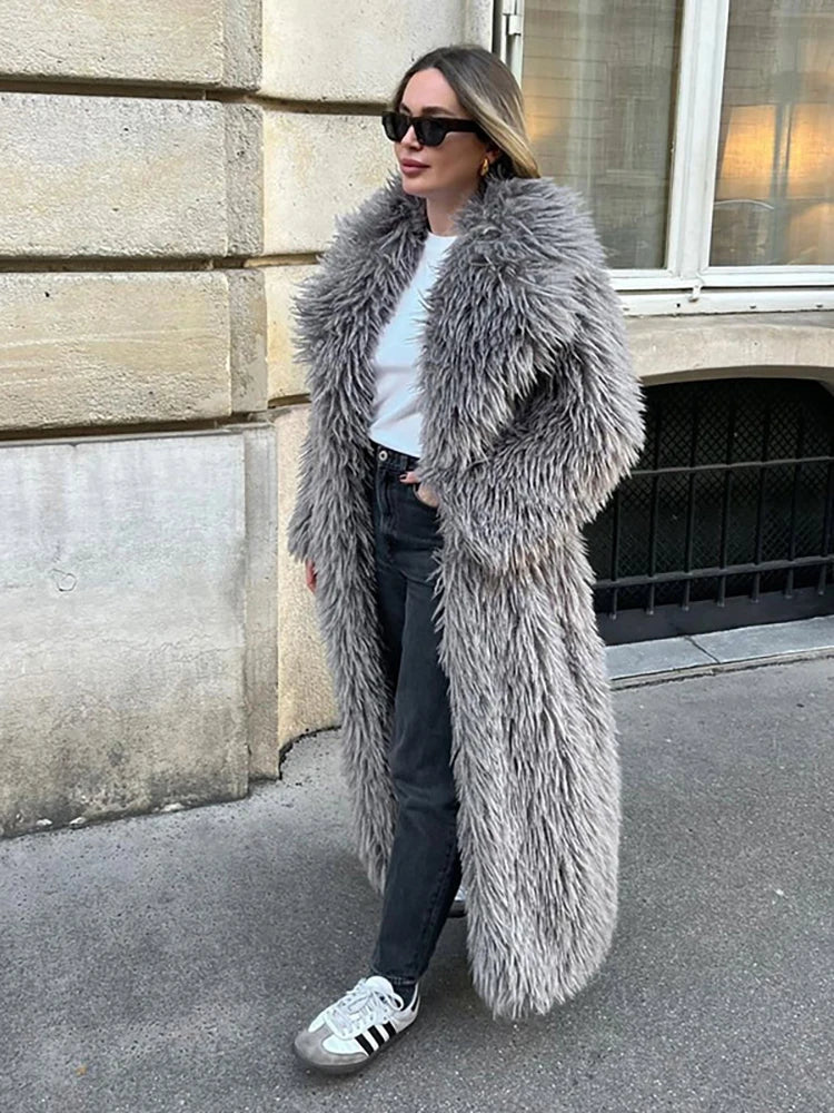 DEAT Fashion Gray Long Imitation Fur Coat Women's Lapel Loose Long Sleeves Plush Thick Overcoat Winter New 7A1438