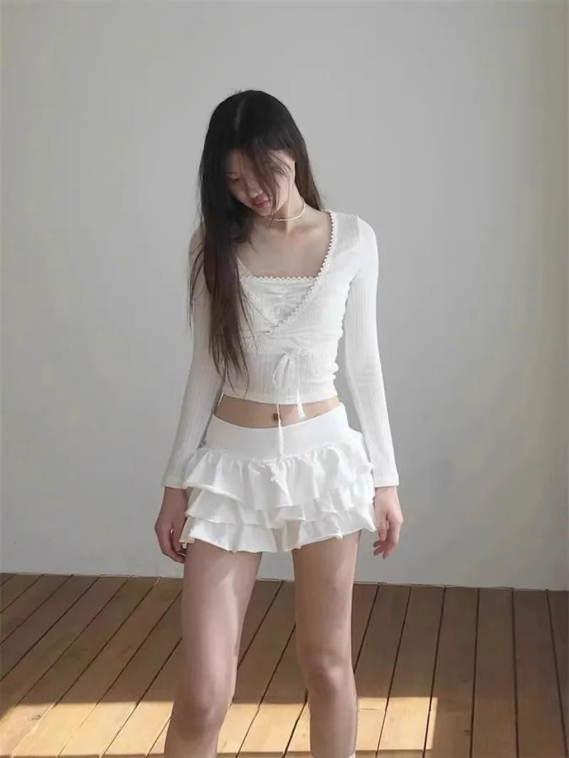 2026 Summer Vintage Korean Retro Ballet Style Ruffles Low Waist Cake Mini Skirt Streetwear Fashion Skirts White Faldas Y2k