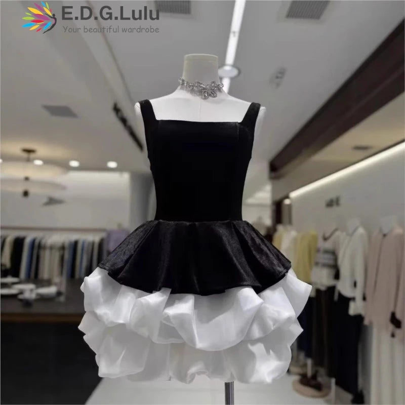 EDGLuLu Sexy Backless Square Collar Sleeveless Mini Dresses For Woman Party Wedding Red Patchwork Black Birthday Dress 1021