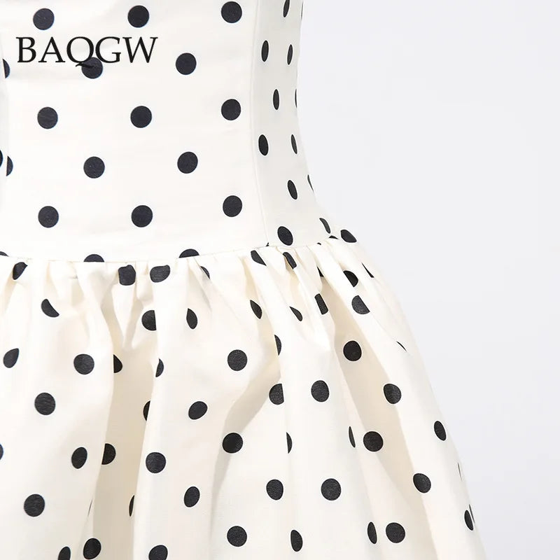 Vintage Dot Printing Slimming Long Dresses for Women Square Collar Sleeveless Backless High Waist Elegant Dress Female Style New