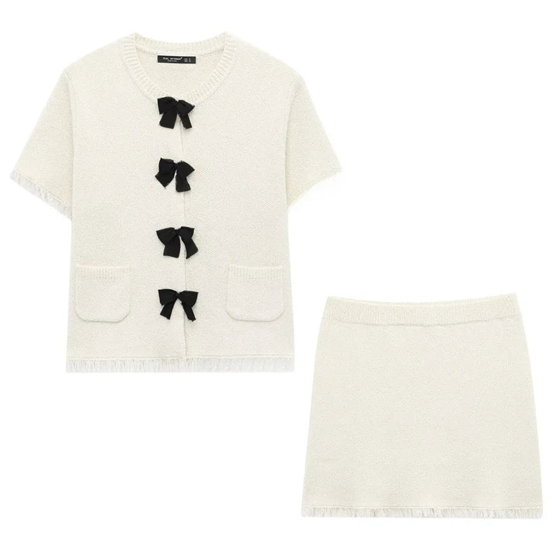 Elegant Knitted Short Sleeve Coat with Butterfly Knot Tassel for Women Summer Casual Set Ice Porcelain Cotton Street Style