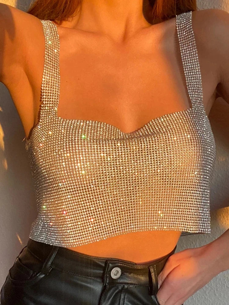 Bling Rhinestones Party Crop Top 2023 Fashion Solid Backless Straps Full Diamonds Sequins Cami Cropped Top for Women