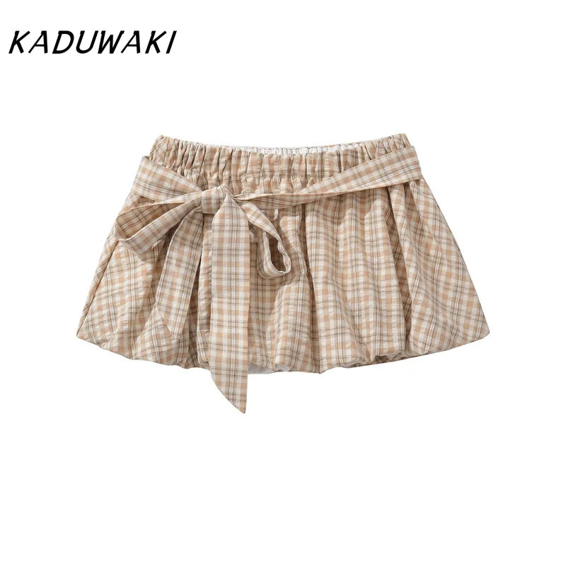 KADUWAKI Summer Plaid Printed Hanging Neck Sloping Shoulder Lace Up Slim Fit Top Khaki Mini A-line Fluffy Skirt 2-piece Sets Y2k