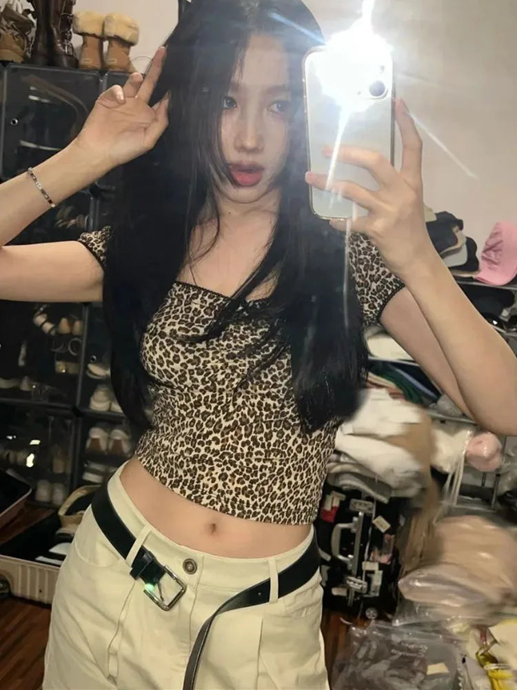Sexy Leopard Print T Shirts Women's Crop Tops 2026 Ropa Mujer Square Collar Short Sleeve Tunic Tees Casual Chic Summer Tshirt