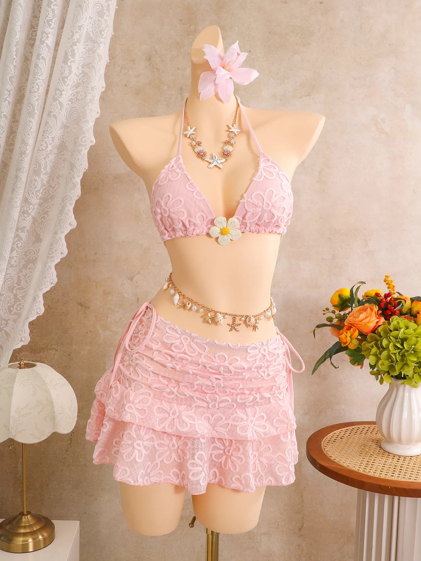 Sexy Pink Floral Embroidery Bikinis Sets 2026 Women 3D Flower Push Up Bra Swimsuit Bathing Suit Pleate Skirt 3 Piece Swimwear