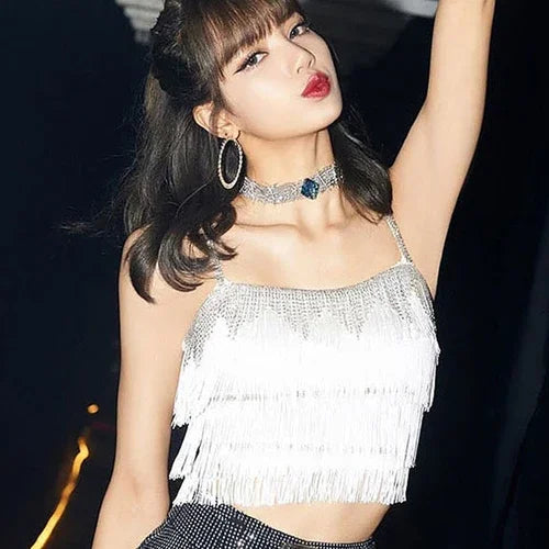Kpop Girl Group LISA Jazz Dance White Vest Crop Tops Stage Costume Slim Tight Shorts Street Outfits Nightclub