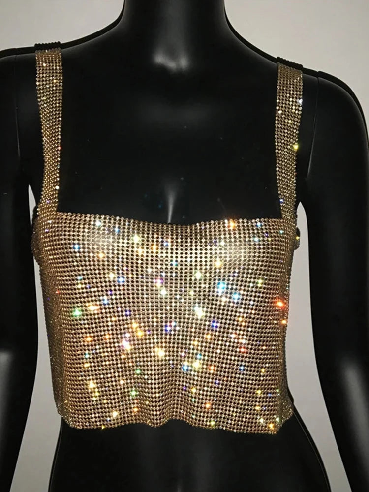 Bling Rhinestones Party Crop Top 2023 Fashion Solid Backless Straps Full Diamonds Sequins Cami Cropped Top for Women