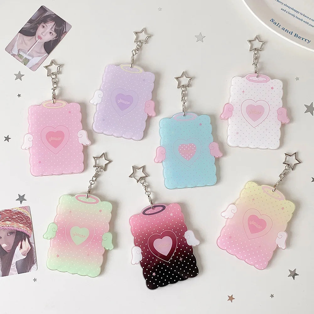 Kawaii 3-inch Photocard Holder with Wing Charm Keychain Kpop Idol Photo Sleeve for Student ID Bag Pendant Cute Card Protector