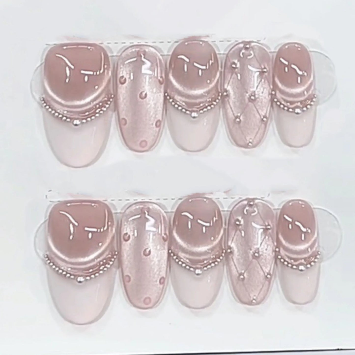 10pcs Purple Cat's Eye Handmade Fake Nails Tips Glitter Mid-length Oval Press on Nails Art Bow Rhinestone Design False Nail Sets