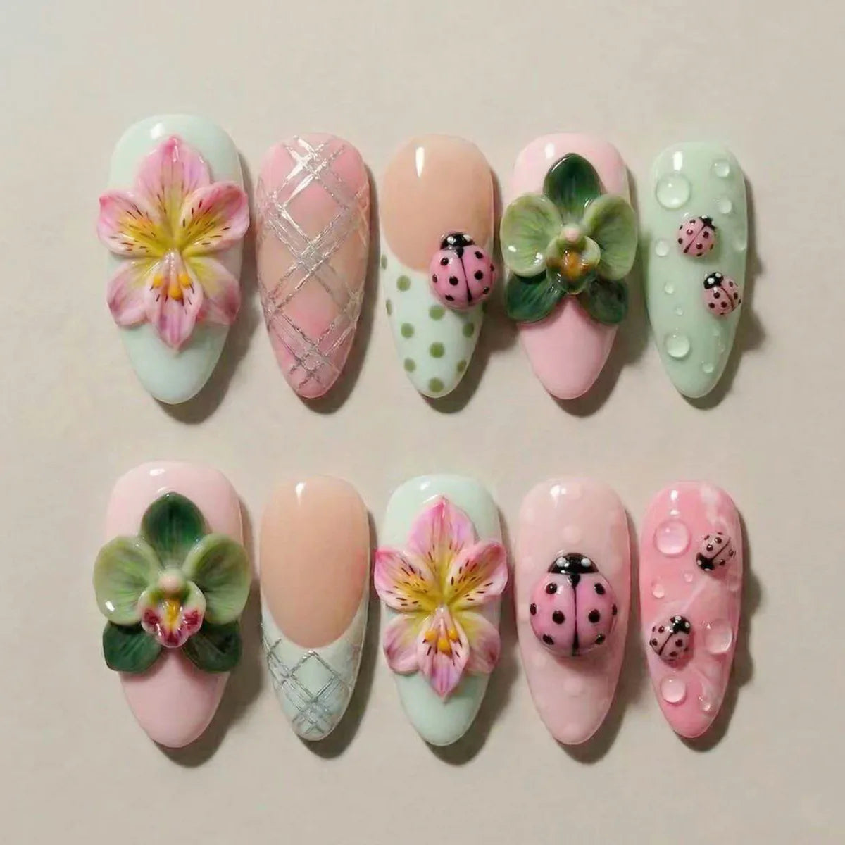 24PCS Sweet Purple Gradient French False Nails with Glue 3D Flowers Butterfly Ripples Almond Press on Nails Aurora Nails Patches