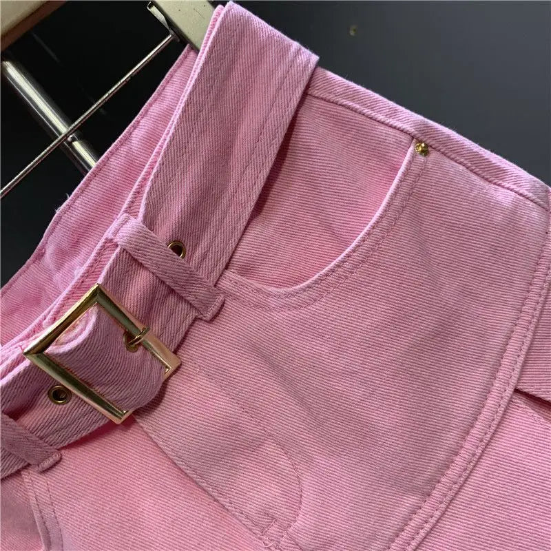 Sweet Fresh Pink Denim Skirt for Women Summer Fashion New Pleated A-line Skirts Casual All-match High Waist Faldas Sexy Mujer